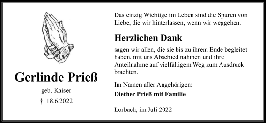 Traueranzeige von Gerlinde Prieß von Kreis-Anzeiger