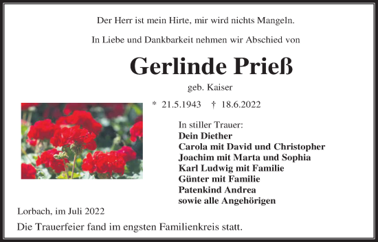 Traueranzeige von Gerlinde Prieß von Kreis-Anzeiger