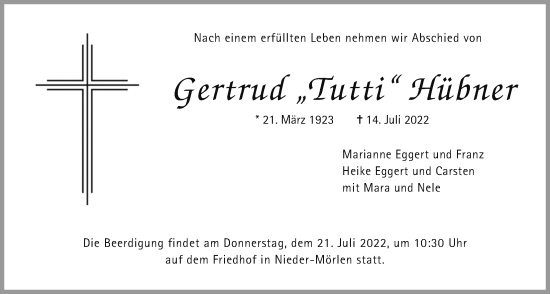 Traueranzeige von Gertrud Hübner von Wetterauer Zeitung