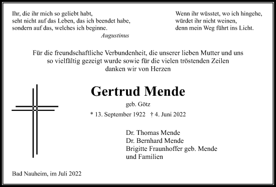 Traueranzeige von Gertrud Mende von Wetterauer Zeitung