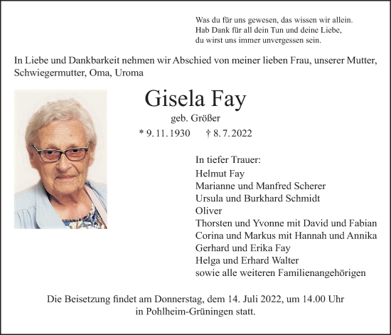 Traueranzeige von Gisela Fay von Pohlheimer Nachrichten
