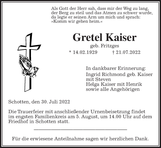 Traueranzeige von Gretel Kaiser von Kreis-Anzeiger
