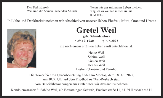 Traueranzeige von Gretel Weil von Wetterauer Zeitung