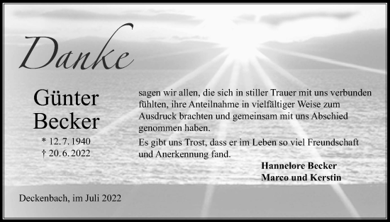 Traueranzeige von Günter Becker von Alsfelder Allgemeine