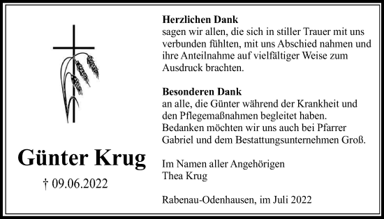 Traueranzeige von Günter Krug von Giessener Anzeiger