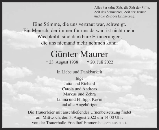 Traueranzeige von Günter Maurer von Usinger Anzeiger