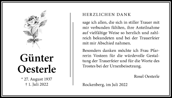 Traueranzeige von Günter Oesterle von Wetterauer Zeitung