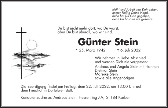 Traueranzeige von Günter Stein von Bad Vilbel/Karben