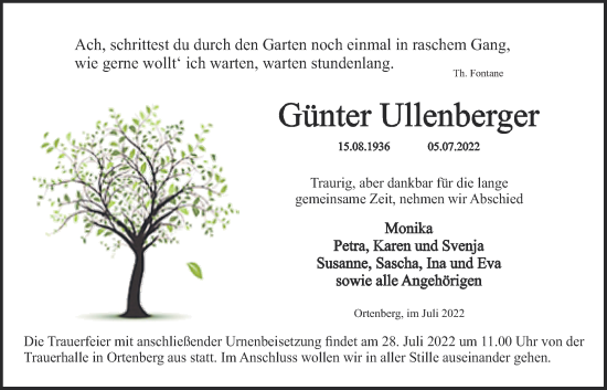 Traueranzeige von Günter Ullenberger von Kreis-Anzeiger