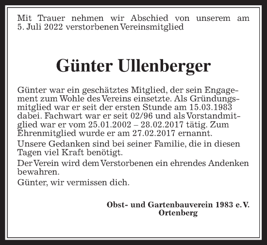 Traueranzeige von Günter Ullenberger von Kreis-Anzeiger