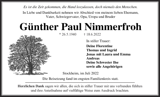 Traueranzeige von Günther Paul Nimmerfroh von Kreis-Anzeiger