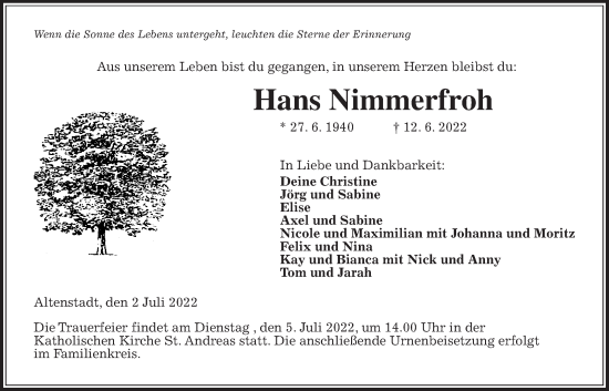 Traueranzeige von Hans Nimmerfroh von Kreis-Anzeiger