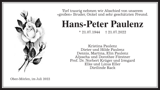 Traueranzeige von Hans-Peter Paulenz von Wetterauer Zeitung