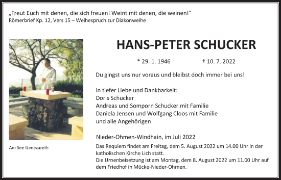 Traueranzeige von Hans-Peter  Schucker von Giessener Allgemeine, Alsfelder Allgemeine