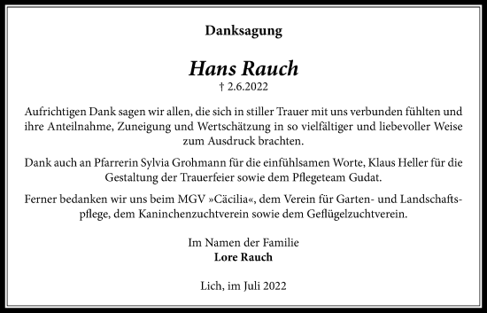 Traueranzeige von Hans Rauch von Licher Wochenblatt