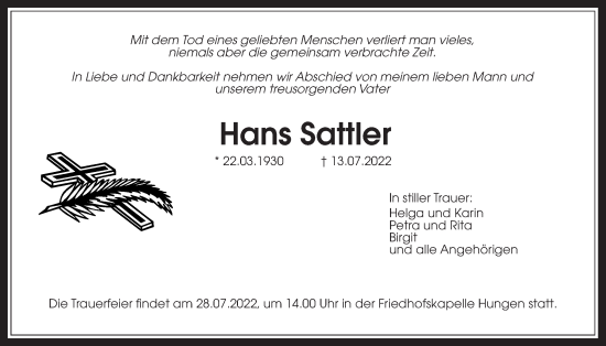 Traueranzeige von Hans Sattler von Licher Wochenblatt