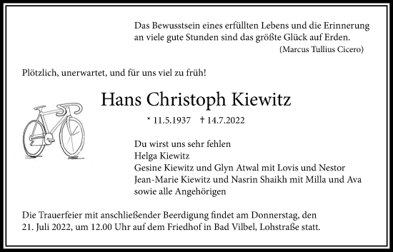 Traueranzeige von Hans Christoph Kiewitz von Bad Vilbel/Karben