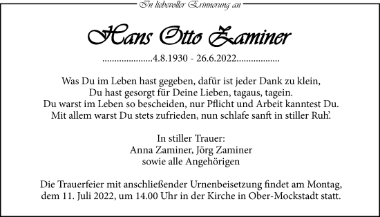 Traueranzeige von Hans Otto Zaminer von Kreis-Anzeiger