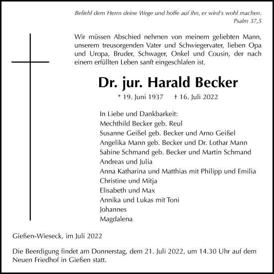 Traueranzeige von Harald Becker von Giessener Anzeiger, Giessener Allgemeine, Alsfelder Allgemeine