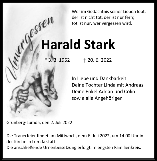 Traueranzeige von Harald Stark von Giessener Allgemeine, Alsfelder Allgemeine