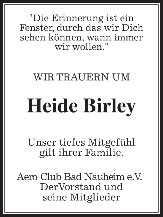 Traueranzeige von Heide Birley von Wetterauer Zeitung