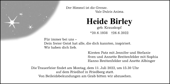 Traueranzeige von Heide Birley von Wetterauer Zeitung