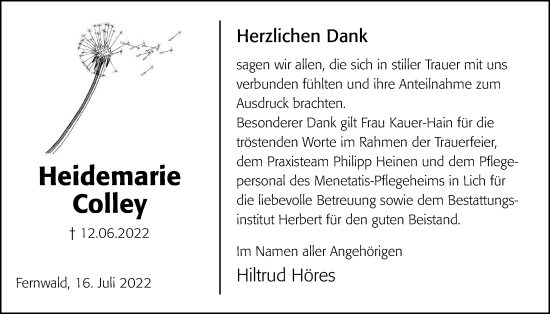 Traueranzeige von Heidemarie Colley von Giessener Anzeiger, Giessener Allgemeine, Alsfelder Allgemeine