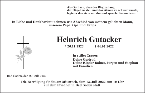 Traueranzeige von Heinrich Gutacker von Usinger Anzeiger