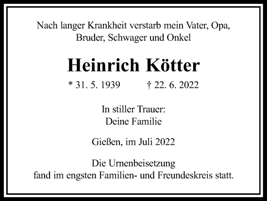 Traueranzeige von Heinrich Kötter von Giessener Allgemeine, Alsfelder Allgemeine