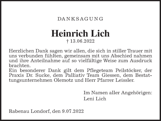 Traueranzeige von Heinrich Lich von Giessener Allgemeine, Alsfelder Allgemeine