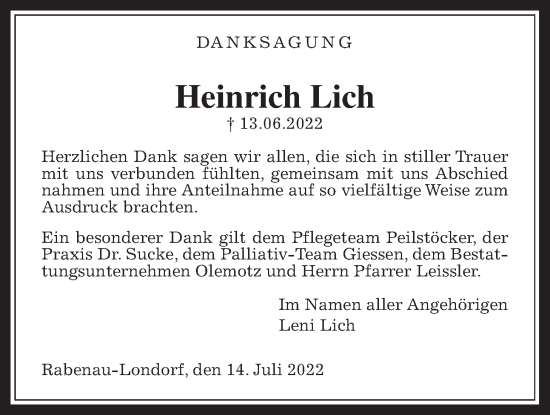 Traueranzeige von Heinrich Lich von Rabenauer Zeitung