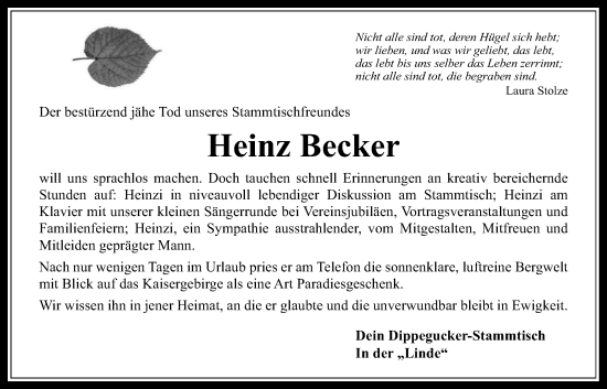 Traueranzeige von Heinz Becker von Usinger Anzeiger