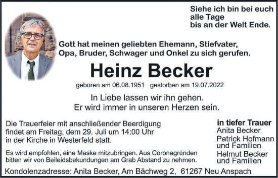 Traueranzeige von Heinz Becker von Usinger Anzeiger