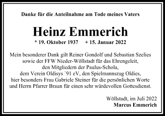Traueranzeige von Heinz Emmerich von Wetterauer Zeitung