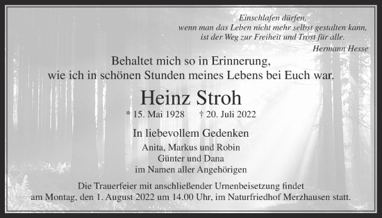 Traueranzeige von Heinz Stroh von Usinger Anzeiger