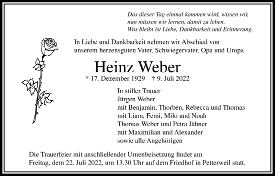 Traueranzeige von Heinz Weber von Bad Vilbel/Karben