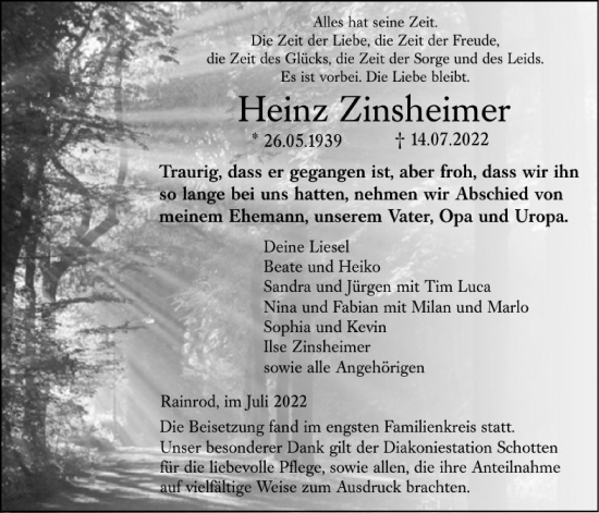 Traueranzeige von Heinz Zinsheimer von Kreis-Anzeiger