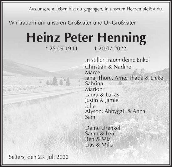 Traueranzeige von Heinz Peter Henning von Kreis-Anzeiger