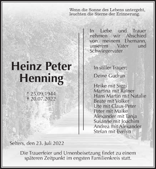 Traueranzeige von Heinz Peter Henning von Kreis-Anzeiger