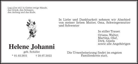 Traueranzeige von Helene Johanni von Wetterauer Zeitung, Bad Vilbeler Anzeiger, Karbener Zeitung