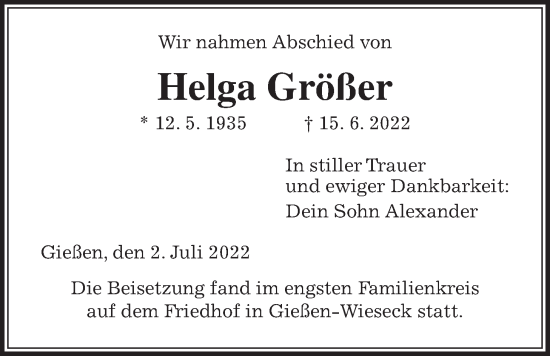 Traueranzeige von Helga Größer von Giessener Anzeiger, Giessener Allgemeine, Alsfelder Allgemeine