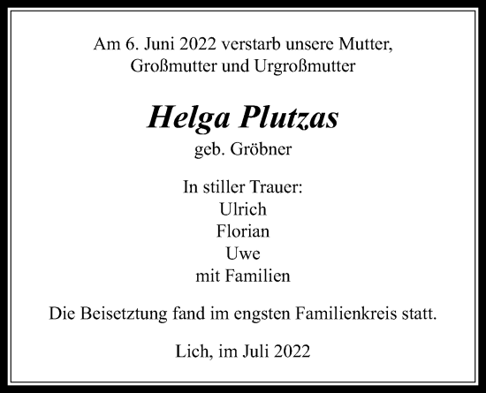 Traueranzeige von Helga Plutzas von Licher Wochenblatt