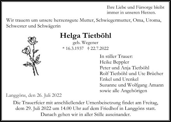 Traueranzeige von Helga Tietböhl von Giessener Allgemeine, Alsfelder Allgemeine, Giessener Anzeiger