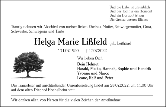 Traueranzeige von Helga Marie Lißfeld von Giessener Allgemeine, Alsfelder Allgemeine