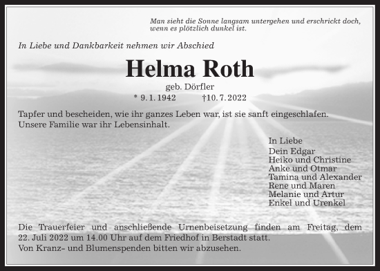 Traueranzeige von Helma Roth von Licher Wochenblatt