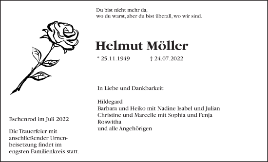 Traueranzeige von Helmut Möller von Kreis-Anzeiger