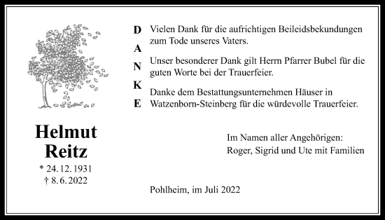 Traueranzeige von Helmut Reitz von Licher Wochenblatt
