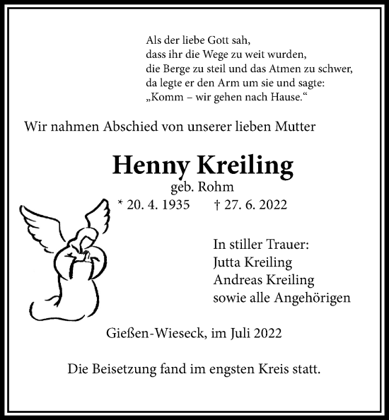 Traueranzeige von Henny Kreiling von Giessener Anzeiger, Giessener Allgemeine, Alsfelder Allgemeine