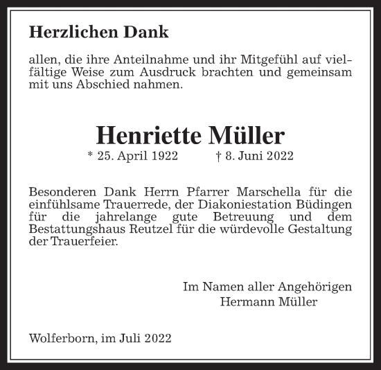 Traueranzeige von Henriette Müller von Kreis-Anzeiger