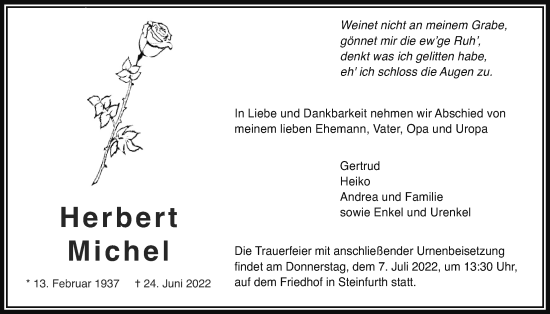 Traueranzeige von Herbert Michel von Wetterauer Zeitung